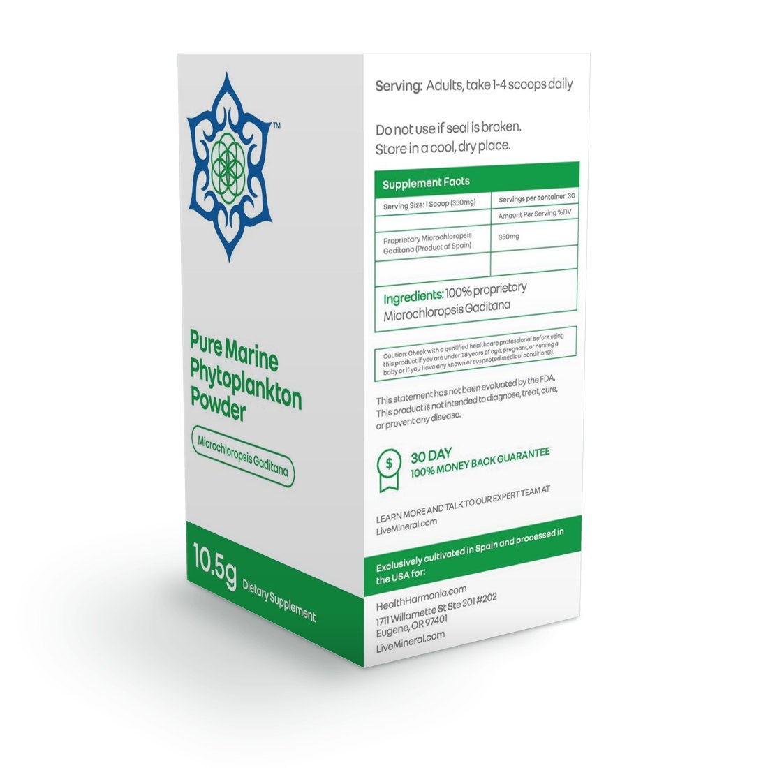 LiveMineral Gaditana box showing the Supplement Facts panel