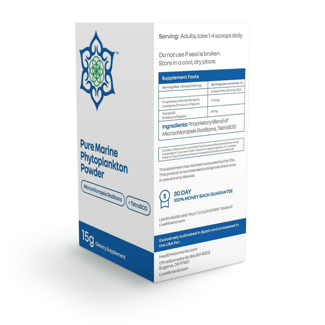 LiveMineral TetraSOD Plus Gaditana box showing the Supplement Facts panel